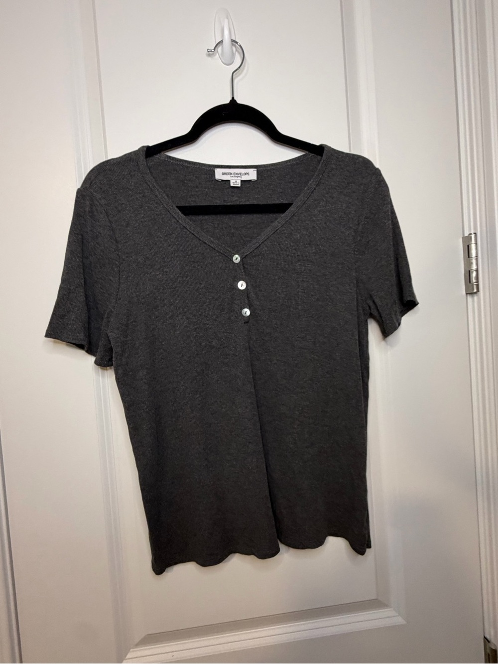 Green Envelope Charcoal Gray Short-Sleeve V-Neck Henley Top